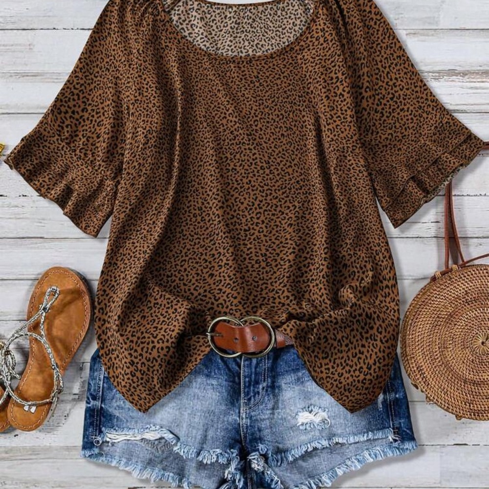 Shein 3XL leopard print blouse with ruffled sleeves